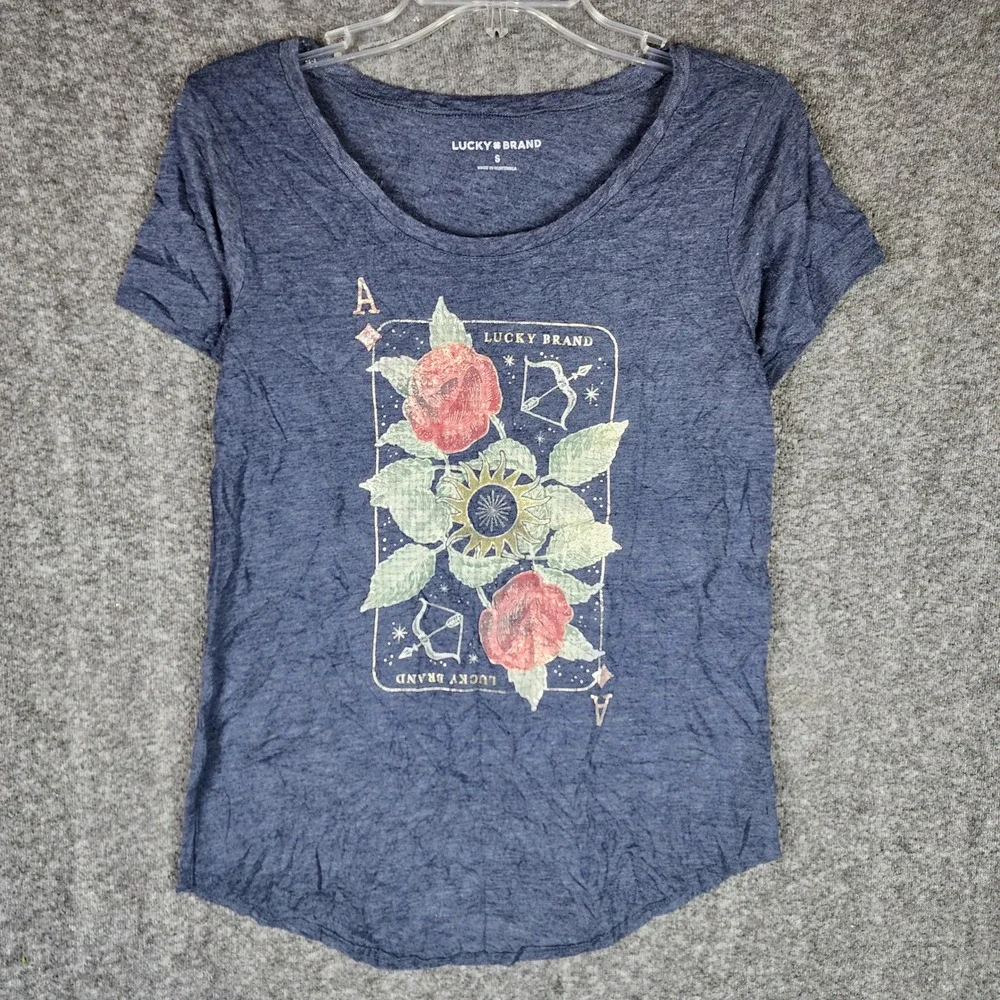 Lucky Brand Graphic Tee Womens S Ace Rose Playing Card Blue Short Sleeve EUC